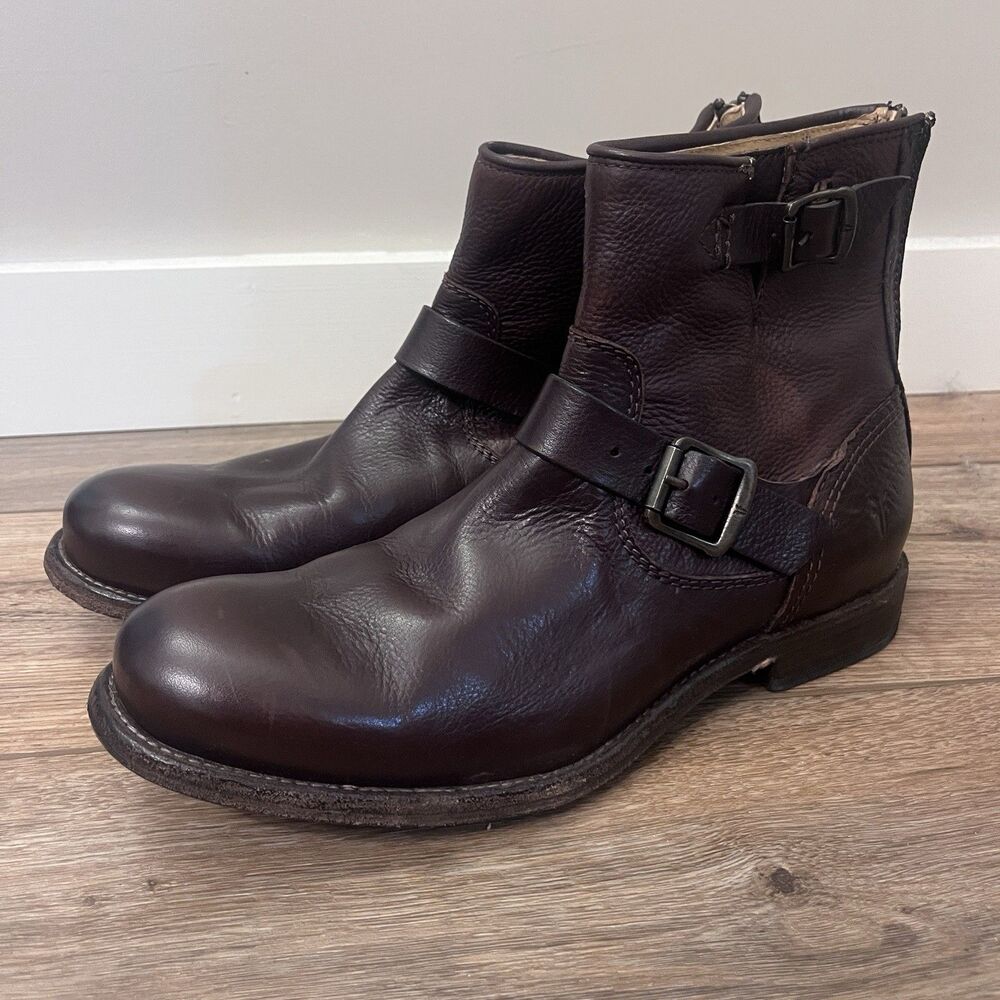 Frye Tyler Engineer Moto Buckle Back Zip Brown Leather Ankle Boots Women's 9 D